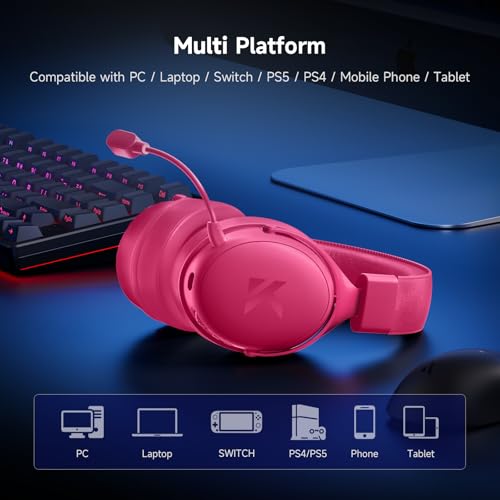 MCHOSE V9 PRO Wireless Gaming Headset 7.1 Surround Sound for PS5 PS4 PC Switch TOPSPEED Gaming Headphones, Noise Canceling Mic, 250Hr Battery, Low 15ms Latency, Lightweight, BT 5.3 FPS Games Rose&Red - color: V9PRO-RoseRed