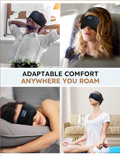 MUSICOZY Sleep Headphones Bluetooth 5.4 Sleep Eye Mask with HD Speakers | Soft Cotton Fabric, Flat Design, 14 Hours Playtime, Washable Headband Style for Side Sleepers, Travel Meditation Relaxation - color: Dark Black