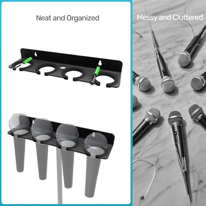 Multi Mic Holder for Stand, Wall Mount for 4 Handheld Wired/Wireless Mics | With Rubber Padding Protection, Fits 5/8"-27 & 3/8"-16 Thread Stand, Holds Up to 4 Dynamic Mics, Sturdy Mic Storage Organizer - size: Mic Holder UP to 4 (1 Set) - Black