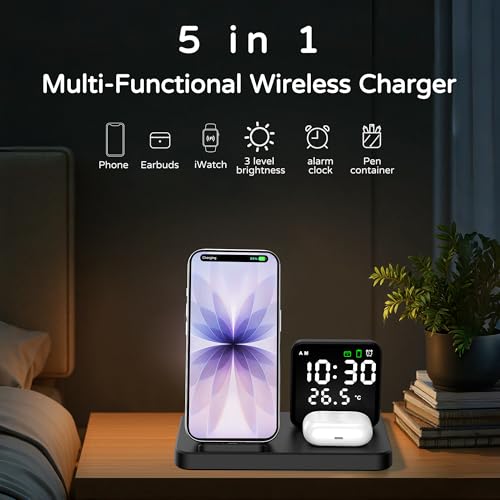 5 in 1 Wireless Charging Station with Alarm Clock Pen Holder, Fast Wireless Charger for iPhone 17/16/15/14/13/12/Pro/Max/Air, for iWatch & AirPods, Charger Stand with Temperature, Snooze Model Black - color: BLACK