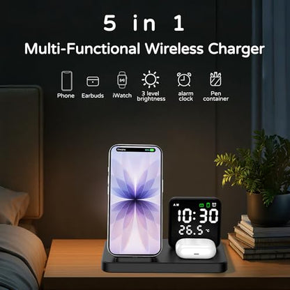 5 in 1 Wireless Charging Station with Alarm Clock Pen Holder, Fast Wireless Charger for iPhone 17/16/15/14/13/12/Pro/Max/Air, for iWatch & AirPods, Charger Stand with Temperature, Snooze Model White - color: WHITE