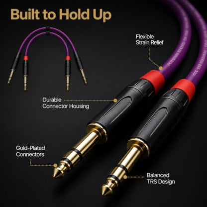 1/4 Inch TRS Instrument Cable 1ft 2-Pack, Purple OFC 24K Gold-Plated Patch Cable, Balanced Stereo for Guitar Bass Keyboard Mixer Pedalboard, for Fender Marshall Yamaha Roland Boss