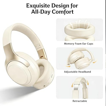 Wireless Bluetooth Over-Ear Headphones with Microphone, 24H Playtime, Bluetooth 5.3, Comfortable and Foldable Design, Over Ear Lightweight Headset for Sports, Travel, Home, Office (Beige) - color: Beige A