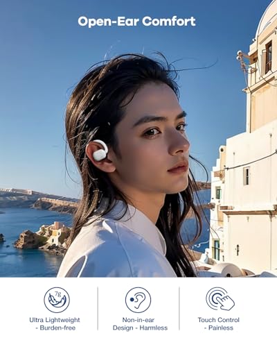 Open Ear Headphones Wireless Earbuds with Earhooks, 40Hrs Playtime Bluetooth 5.3 Touch Control Sport Headsets IPX6 Sweatproof Earphones for Running Cycling Workout (White)
