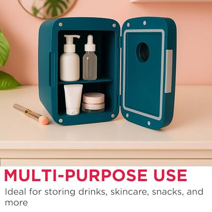 Frigidaire Mini Portable Compact Personal Cooler Fridge, 4 Liter Capacity Chills Six 12 oz Cans, 100% Freon-Free & Eco Friendly, Includes Plugs for Home Outlet - AZURE, BUILT IN BLUETOOTH SPEAKER - color: Azure