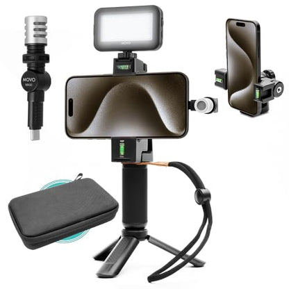 Movo USB-C Starter Kit for Content Creators - Smartphone Video Vlogging Kit for iPhone 15/16/17 and up - Includes USB-C Microphone, LED Video Light, Phone Holder, Grip, and Mini Tripod