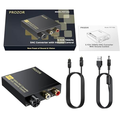 PROZOR DAC Converter 192Khz Digital to Analog Audio Support 5.1CH DTS | Dolly-AC3 Decoder with Volume Control Coaxial SPDIF Toslink Optical to RCA Adapter for HDTV DVD PS3 Home Cinema System