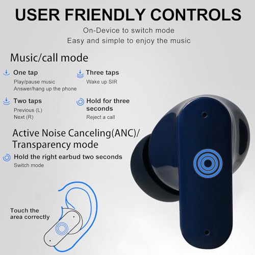 TINGER in-Ear ANC Wireless Earbuds, 35dB Active Noise Canceling Bluetooth Headphones, 24H Playtime Hi-Fi Bass Earphones with IPX4 Waterproof, Built-in Mic for Travel Workout (Blue) - color: Blue