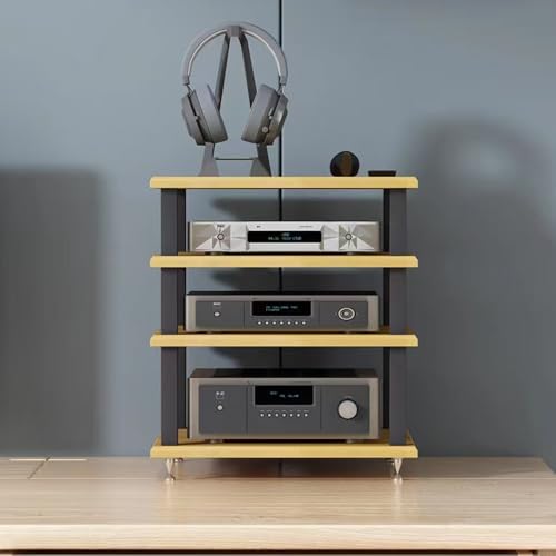 Audio Rack Small Desktop Media Console Stand Stereo Components Cabine Audio Video Tower Desk Shelf For Amplifier Speaker Record,Teak4Tier