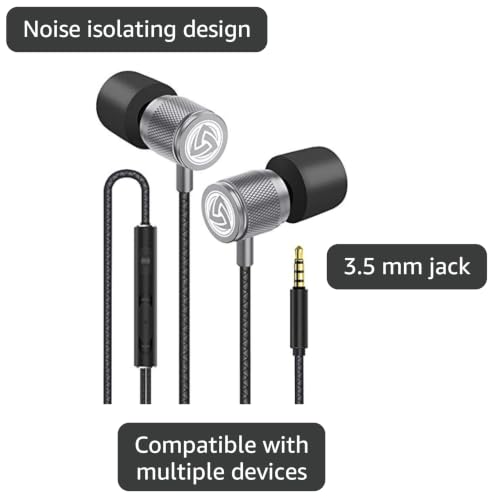 LUDOS Ultra Wired Earbuds in-Ear Headphones, 5 Years Warranty, Earphones with Microphone, Noise Isolating Ear Buds, Memory Foam for iPhone, Samsung, School Students, Kids, Women, Small Ears - Grey - color: Grey, style: 3.5 mm