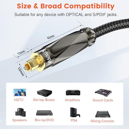 VANAUX Digital Optical Audio Cable,Toslink Cable[PMMA Fiber Optic, Full Metal Casing, Braided Jacket, Gold Plated] for Home Theater, Sound Bar, TV,PlayStation (6ft/2m) - size: 6.6 ft