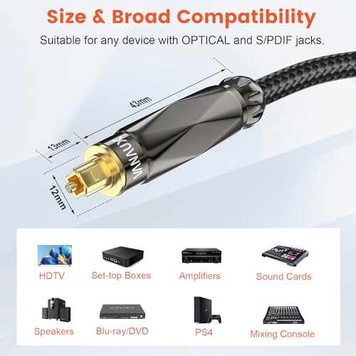 VANAUX Digital Optical Audio Cable,Toslink Cable[PMMA Fiber Optic, Full Metal Casing, Braided Jacket, Gold Plated] for Home Theater, Sound Bar, TV, PlayStation(10ft/3m) - size: 10 ft