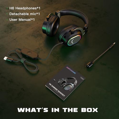 FIFINE AmpliGame H6 Wired USB Gaming Headset with Dynamic RGB, 3 EQ Modes | 50mm drivers, Pinpoint 7.1 Surround, Durable Protain Leather, Detachable Mic, USB Control Box, Compatible with PC, PS4/5, Mac - color: Black
