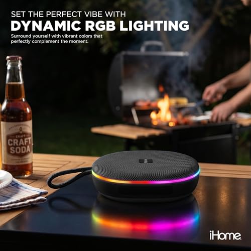 iHome Venture Wireless Portable Bluetooth Speaker with RGB Lights | Water Resistant, Built-in Carry Strap, TWS Pairing, Color-Changing LEDs, Rechargeable Battery, Cable Included, Bluetooth 5.3 - color: Black