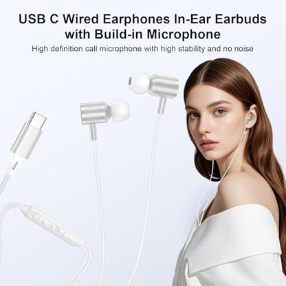 Wired Earbuds USB C Headphones for iPhone 17e 17 Pro Max Air 16e 16 Plus 16 Pro Max 15,Wired in-Ear Earphones USBC iPhone 17 Ear Buds with in-Line Microphone Call Control for Samsung S26 Ultra S25 FE - color: White
