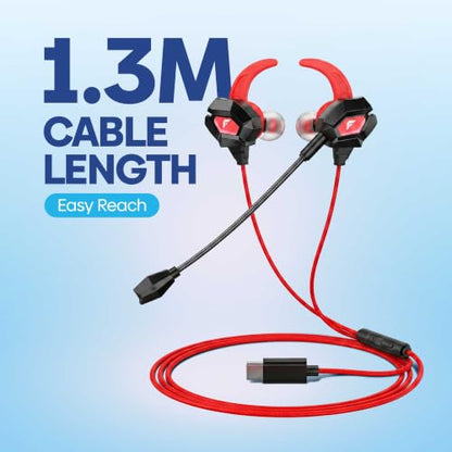 FASTER GH-1C USB-C Wired Gaming Earphones with Detachable Mic, 4.2 ft Cable | 10 mm Driver In-Ear Gaming Headset, detachable microphone. For use with PC, Laptop, PS5, Xbox, Android, iPhone