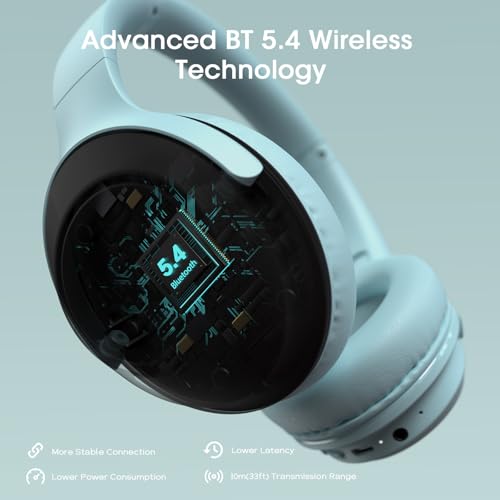 DOQAUS Bluetooth Headphones Over Ear, 70H Playtime,3 EQ Modes, with ENC Mic | HiFi Stereo Sound, Deep Bass, Soft Memory Foam Earpads, Headphone Wireless for Phone PC Travel Home Office, Blue - color: Light Blue
