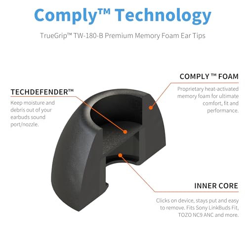 Comply TW-180-B Memory Foam Replacement Ear Tips, Black, Small (3 Pairs) | For Sony LinkBuds Fit, TOZO NC9 Hybrid ANC, Ultimate Comfort, Secure Fit, Superior Noise Isolation - size: Small