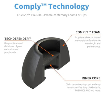 Comply TW-180-B Memory Foam Replacement Ear Tips, Black, Small (3 Pairs) | For Sony LinkBuds Fit, TOZO NC9 Hybrid ANC, Ultimate Comfort, Secure Fit, Superior Noise Isolation - size: Small