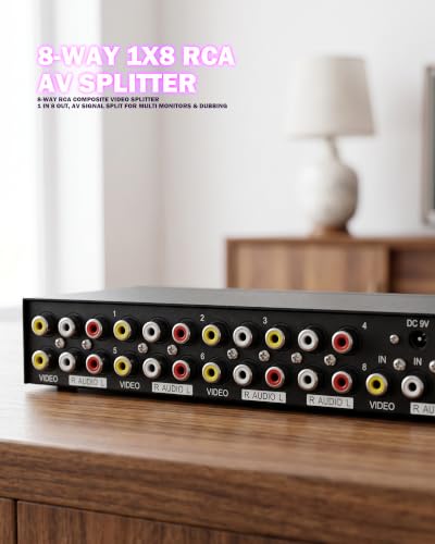 8 Way 3 RCA Switch, Powered 1 in 8 Out AV Switcher, Composite Video Audio Distribution, AV Switch, Audio Splitter Duplicator with Power Adapter
