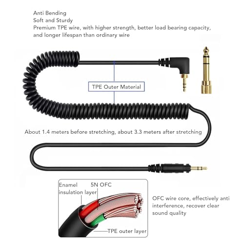 LICAEVEY Replacement Coiled Spring Cable for DJ1200 Headphones, 3.5mm to 6.35mm Extension Cord with Locking Plug, OFC DJ Headphone Cable
