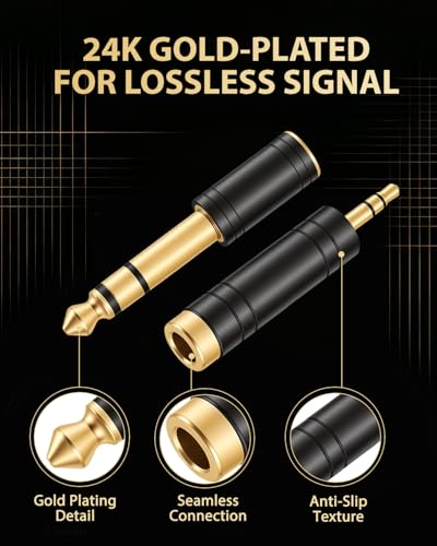 1/8"(3.5mm) Male to 1/4"(6.35mm) Female Headphone Adapter | 1/4"(6.35mm) Male to 1/8"(3.5mm) Female Audio Jack Converter, Gold-Plated for Amp, Digital Piano & Guitar, Mixer, Aux, Drums - color: Black Kit