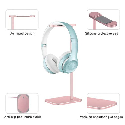 Headphone Stand Aluminum, Headset Holder with Solid Metal Base for Desk, Compatible with Most Headphones (Rose Gold) - color: Rose Gold