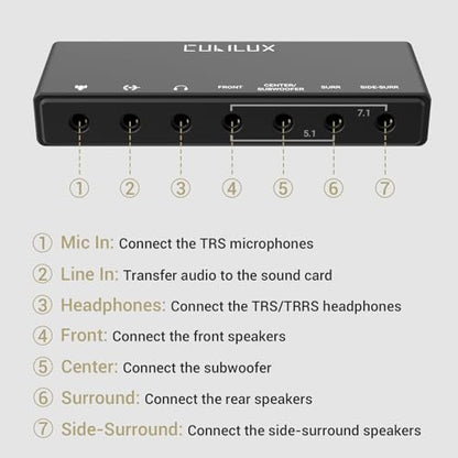 Cubilux 7.1 USB Surround Sound Card- 48KHz-384KHz Sample Rate for Headphones, Full Aluminum Alloy USB A External Sound Card for Laptop PC-Supports Line-in & Stereo Mic in