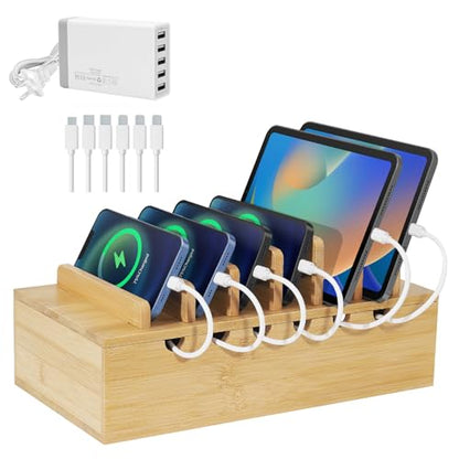 Bamboo Charging Station Organizer, Multi-Device Charging Dock with Cable Management, Phone Tablet Stand for Home Office, 5-Port USB Charger & 6 Cables Included