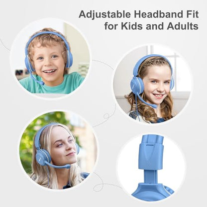 SIMOLIO Wired Headphones for School with Microphone, Stereo Kids Headphone with Flexible Swivel Boom Mic for Student K12 & Teacher & E-Learning, 3 Levels Volume Limiter Gaming Headsets for Boys, Girls - color: Light Blue