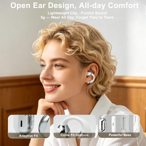Open Ear Clip-On Earbuds, Bluetooth 5.4 Wireless Headphones IP65 Waterproof Lightweight 16H Playtime Touch Control Earphones Comfort Design for Small Ears&Glasses - color: White