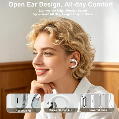 Open Ear Clip-On Earbuds, Bluetooth 5.4 Wireless Headphones IP65 Waterproof Lightweight 16H Playtime Touch Control Earphones Comfort Design for Small Ears&Glasses - color: White