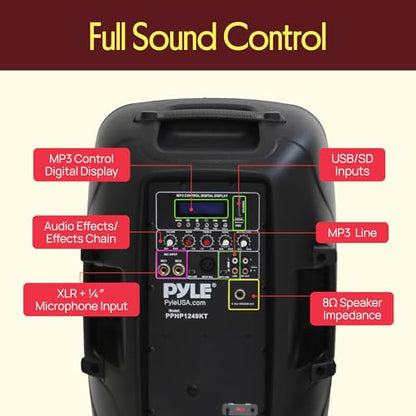 Wireless Portable PA Speaker System - 1800W High Powered Bluetooth Compatible Active + Passive Pair Outdoor Sound Speakers w/ USB SD MP3 AUX - 35mm Mount, 2 Stand, Microphone, Remote - Pyle PPHP1249KT - size: 12 in