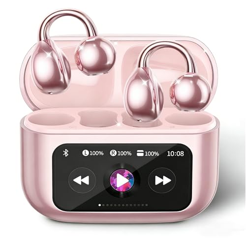 Piluyaa Clip-on Earbuds, Open Ear Earbuds with LCD Touchscreen Wireless Bluetooth 5.4, Lightweight M100 Open Ear Headphones with C-Shaped Bridge, Slim Hook,48H Battery, for Sports, Fitness (Pink) - color: Pink