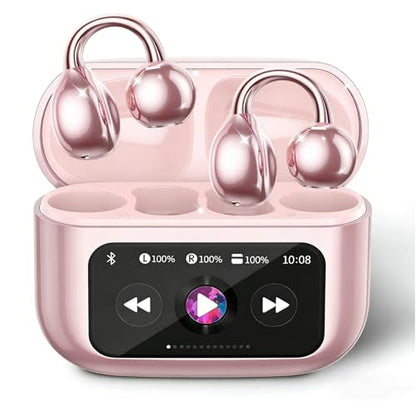 Piluyaa Clip-on Earbuds, Open Ear Earbuds with LCD Touchscreen Wireless Bluetooth 5.4, Lightweight M100 Open Ear Headphones with C-Shaped Bridge, Slim Hook,48H Battery, for Sports, Fitness (Pink) - color: Pink