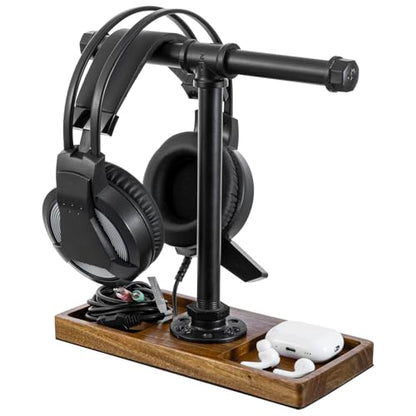 MyGift Premium Acacia Solid Wood and Industrial Black Metal Pipe T-Bar Over Ear Headphones Holder, Tabletop Dual Headphone Display Stand with Accessories Tray - color: Natural Acacia Wood & Black Metal
