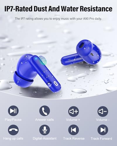 Wireless Earbuds, Bluetooth 5.4 Headphones Bass Stereo/Clear Calls, Blue | Ear Buds with Noise Cancelling Mic LED Display in Ear Earphones IP7 Waterproof 36H Bluetooth Earbuds for Phones/Sport/Laptop - color: Blue