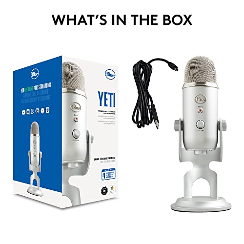 Logitech Creators Blue Yeti USB Microphone for PC, Mac, Gaming, Recording, Streaming, Podcasting, Studio and Computer Condenser Mic with Blue VO!CE Effects, 4 Pickup Patterns, Plug and Play - Silver | Mac, Gaming, Recording, Streaming, Podcasting, Studio