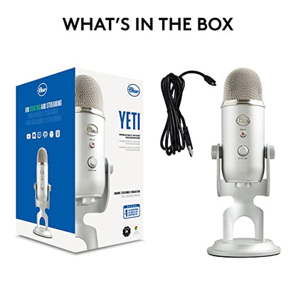 Logitech Creators Blue Yeti USB Microphone for PC, Mac, Gaming, Recording, Streaming, Podcasting, Studio and Computer Condenser Mic with Blue VO!CE Effects, 4 Pickup Patterns, Plug and Play - Silver | Mac, Gaming, Recording, Streaming, Podcasting, Studio