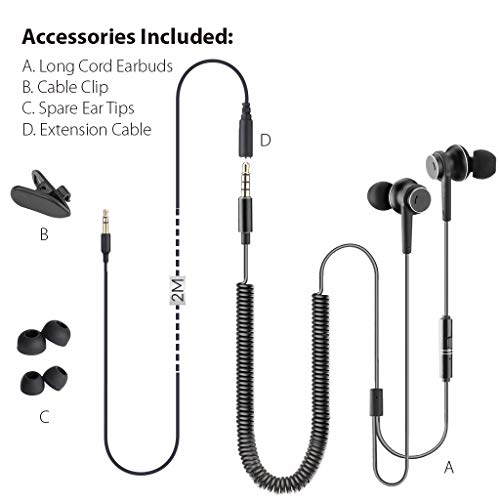 Avantree Long Cord Earbuds for TV & PC, 18ft / 5.5m Extension Cable Earphones with Mic & Extra Long Spring Coil Wire, Metal Stereo in-Ear Wired Bass Headphones for 3.5mm Audio Output Devices - HF027