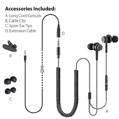 Avantree Long Cord Earbuds for TV & PC, 18ft / 5.5m Extension Cable Earphones with Mic & Extra Long Spring Coil Wire, Metal Stereo in-Ear Wired Bass Headphones for 3.5mm Audio Output Devices - HF027