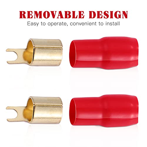 2 Pairs Copper Gold Plated 0 Gauge Spade Terminal Crimp Connectors Adapters Crimp Barrier Spades for Speaker Wire Cable Terminal Plug - 0GA (Red and Black)