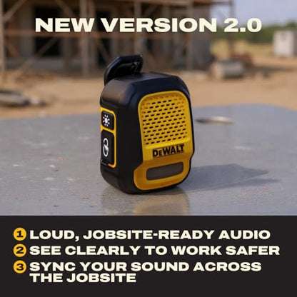 DEWALT Heavy Duty Wearable Bluetooth Speaker Pro Max (New Model) Jobsite Clip-On Mini Speaker w/LED Work Light, IP56 Water Resistant, 12H Runtime, Built-in Mic & Multi-Speaker Link - color: New
