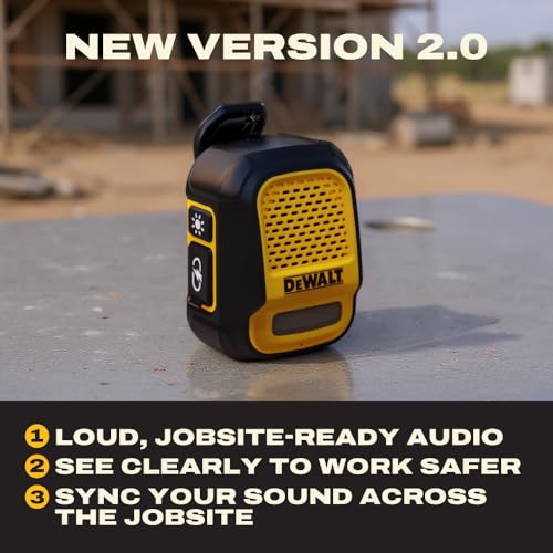 DEWALT Heavy Duty Wearable Bluetooth Speaker Pro Max (New Model) Jobsite Clip-On Mini Speaker w/LED Work Light, IP56 Water Resistant, 12H Runtime, Built-in Mic & Multi-Speaker Link - color: New