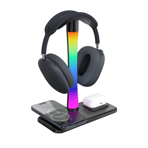 Headphone Stand with Wireless Charger,Gaming Headset stand with RGB Light Mode,For Airpod Max Stand Compatible with Airpod Pro/3/2,For iPhone 17/16/15/14/13/12/11,Gifts for Gamers & Music Lover(Black) - color: Black