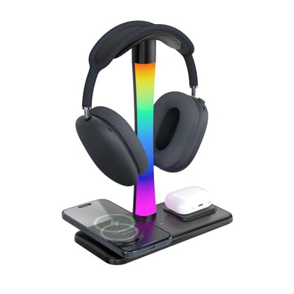 Headphone Stand with Wireless Charger,Gaming Headset stand with RGB Light Mode,For Airpod Max Stand Compatible with Airpod Pro/3/2,For iPhone 17/16/15/14/13/12/11,Gifts for Gamers & Music Lover(Black) - color: Black