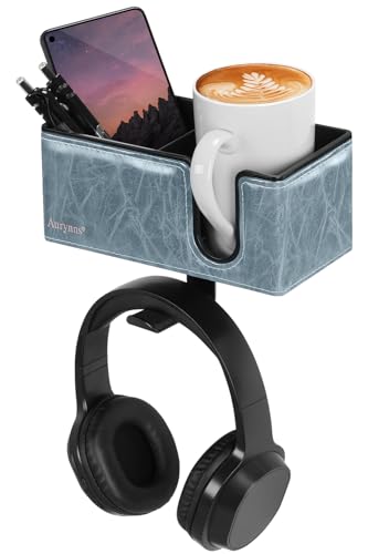Under Desk Cup Holder Clamp on Cup Holder PU Leather Clip on Desk Organizer | Desk organizer with pencil holder clamp on side, under desk hanging organizer, clip on cup holder desk phone stand holder PU - color: Sky Blue
