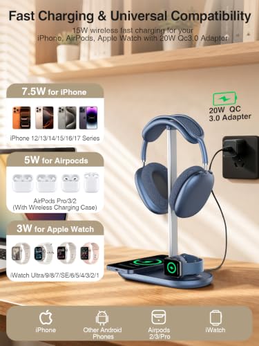 3 in 1 Headphone Stand, Airpod Max Charger Stand with 15W Wireless Charger | Headset Holder for AirPods Max 2/Pro/iWatch/Vision Pro, Charging for iPhone 17/16/15/14/13/12/11/X, Aluminum Alloy Rod, Blue