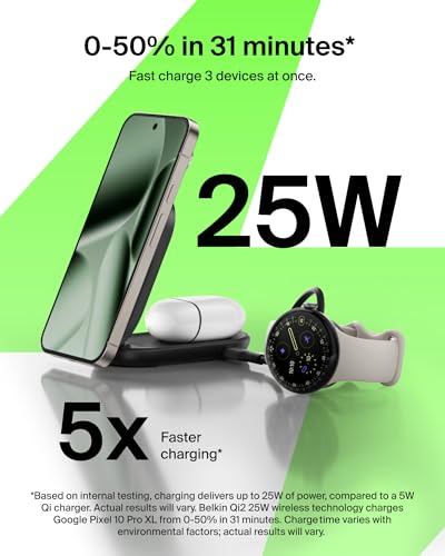 Belkin Qi2.2 25W Wireless 2 in 1 Foldable Fast Charging Station for iPhone | Fast Charging, MagSafe Compatible, iPhone 17/16/15, AirPods, Travel Charger, Magnetic - color: Black