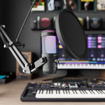 JARO USB Podcast Microphone with Boom Arm, Studio Condenser Mic with Real-Time Monitoring, Mute, Volume Control Ideal for Voice & Singing (Black) - color: Black